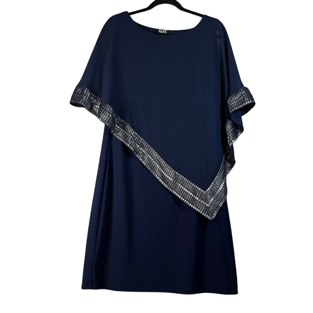 SLNY Fashions Navy Silver‎ Foil Trim Asymmetrical Popover Capelet Sheath Dress